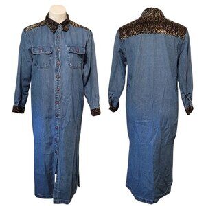 Vintage Denim Dress Animal Print Shoulders Cheetah Size Small Blue J Long Button
